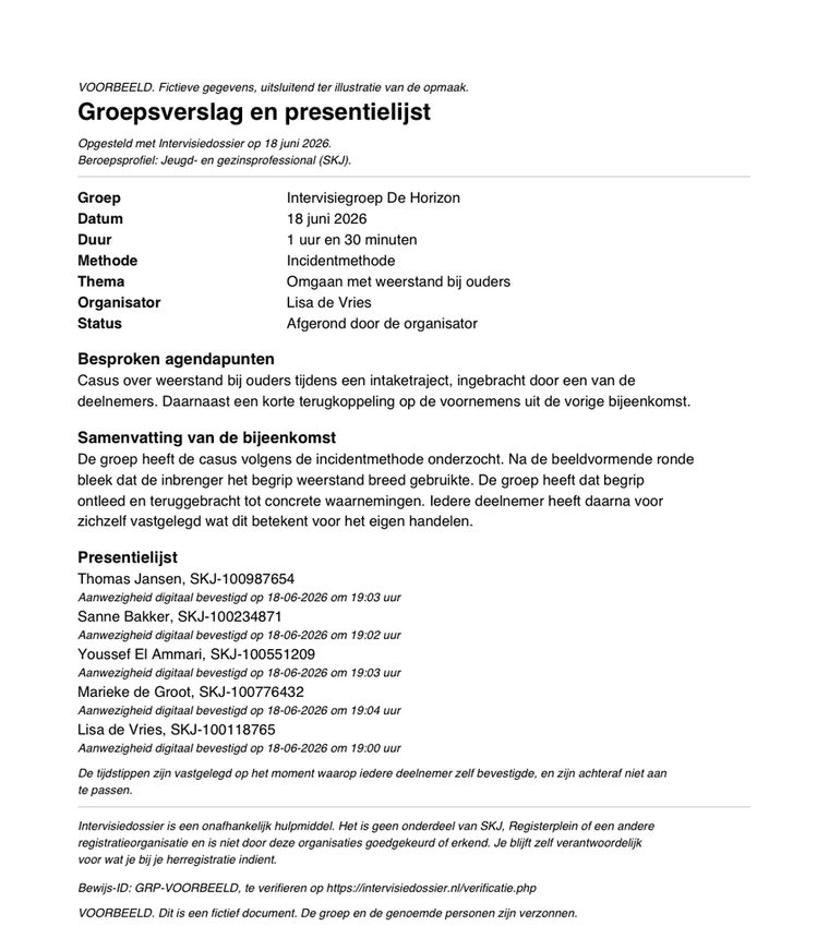 Voorbeeld van een groepsverslag met presentielijst: groep, datum, duur, methode, thema, organisator, agendapunten, samenvatting en per deelnemer het tijdstip van bevestiging.
